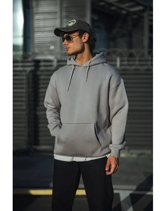 Üç İplik Penye Kapşonlu Basic SweatShirt - Boyalı Gri