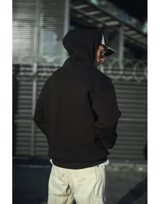 Üç İplik Penye Kapşonlu Basic SweatShirt - Siyah