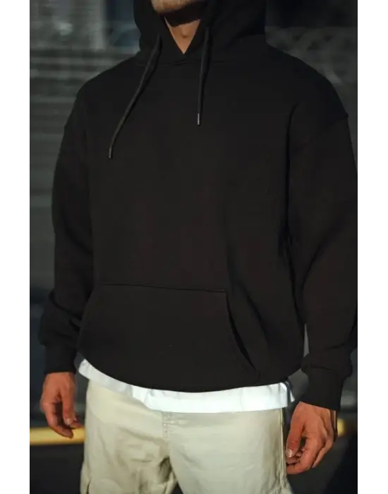 Üç İplik Penye Kapşonlu Basic SweatShirt - Siyah
