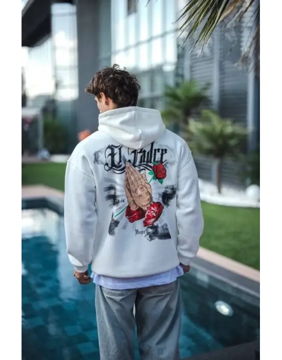 Üç İplik Penye Kapşonlu Baskılı SweatShirt - Beyaz