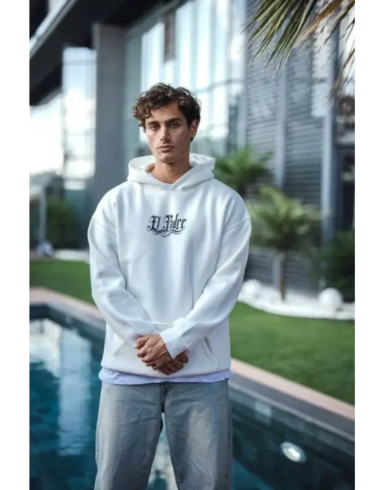 Üç İplik Penye Kapşonlu Baskılı SweatShirt - Beyaz