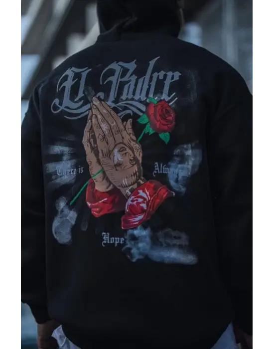 Üç İplik Penye Kapşonlu Baskılı SweatShirt - Siyah
