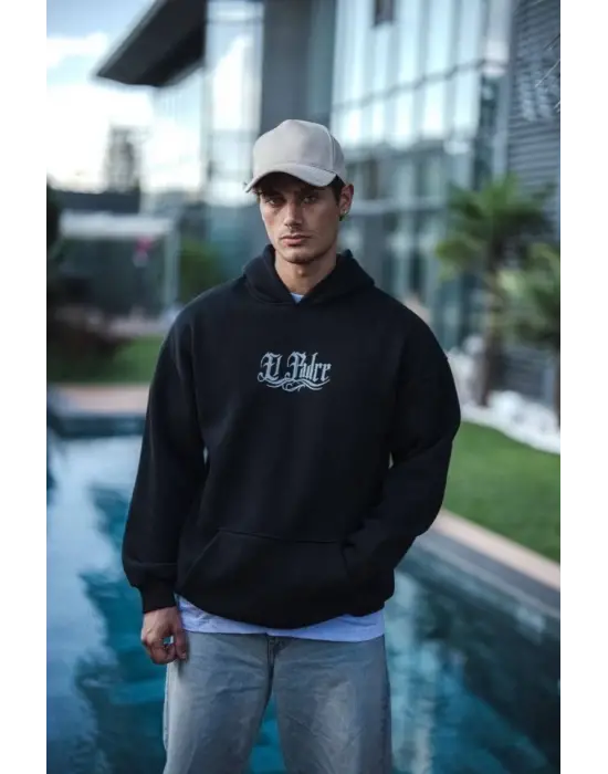 Üç İplik Penye Kapşonlu Baskılı SweatShirt - Siyah