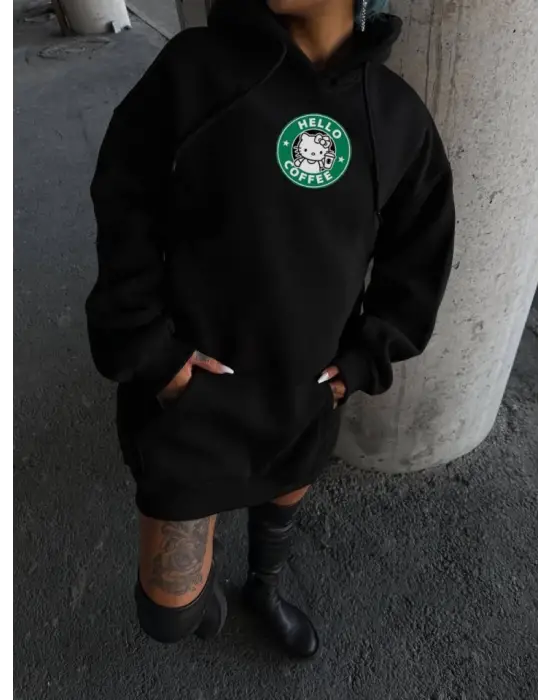 Üç İplik Penye Uzun Kol Kapşonlu SweatShirt - Siyah