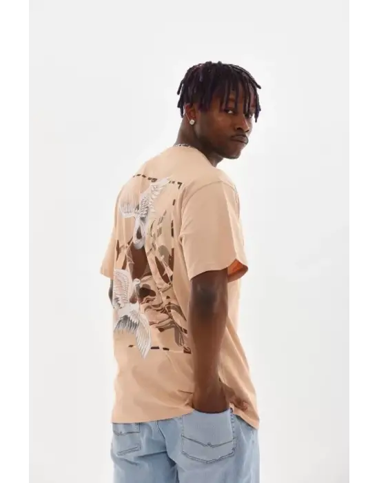 Unisex Baskılı Oversize T-Shirt - Bej