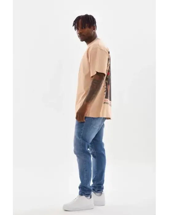 Unisex Baskılı Oversize T-Shirt - Bej