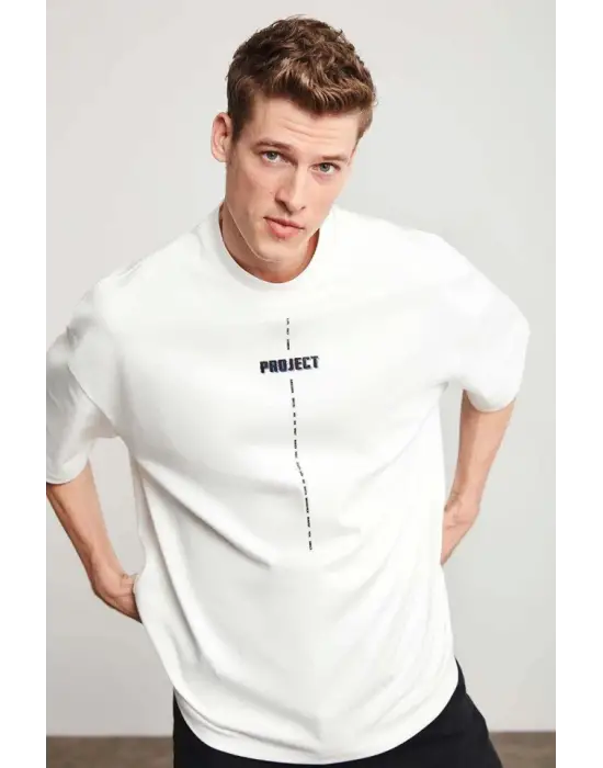 Unisex Baskılı Oversize T-Shirt - Beyaz