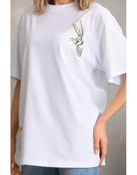 Unisex Baskılı Oversize T-Shirt - Beyaz