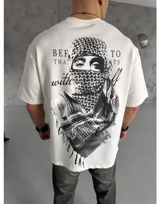 Unisex Baskılı Oversize T-Shirt - Beyaz