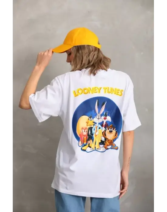 Unisex Baskılı Oversize T-Shirt - Beyaz