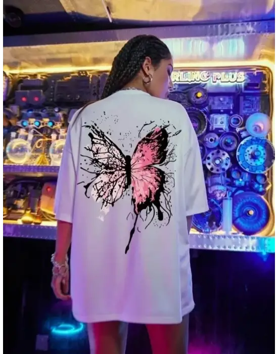 Unisex Baskılı Oversize T-Shirt - Beyaz