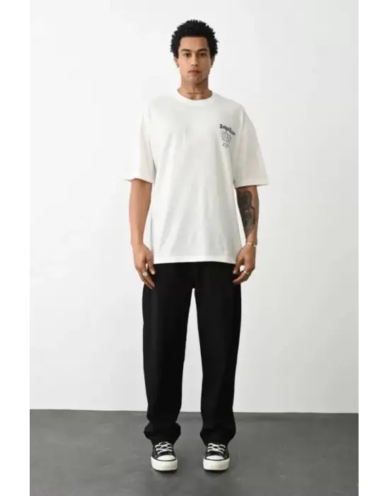 Unisex Baskılı Oversize T-Shirt - Beyaz