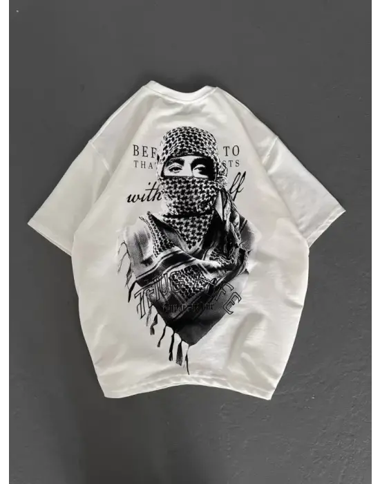 Unisex Baskılı Oversize T-Shirt - Beyaz