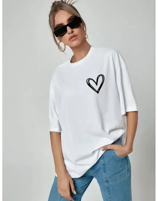 Unisex Baskılı Oversize T-Shirt - Beyaz