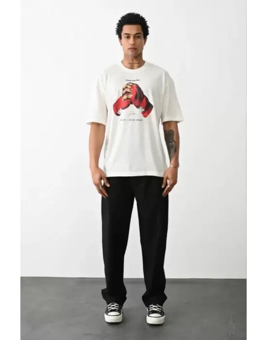Unisex Baskılı Oversize T-Shirt - Beyaz