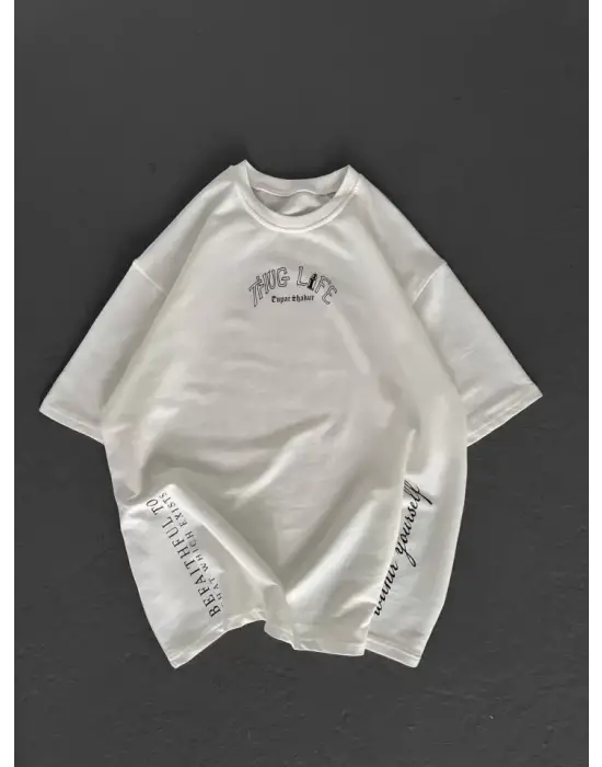 Unisex Baskılı Oversize T-Shirt - Beyaz