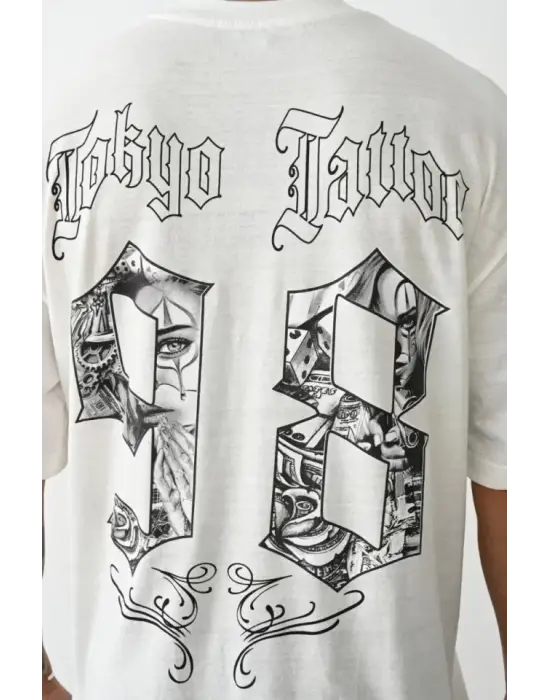 Unisex Baskılı Oversize T-Shirt - Beyaz