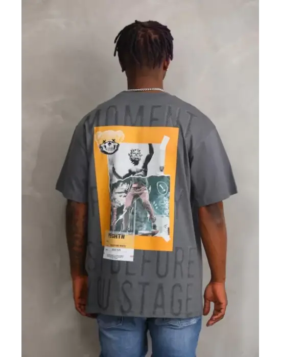 Unisex Baskılı Oversize T-Shirt - Füme