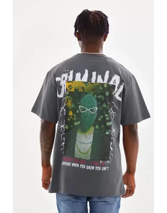 Unisex Baskılı Oversize T-Shirt - Füme