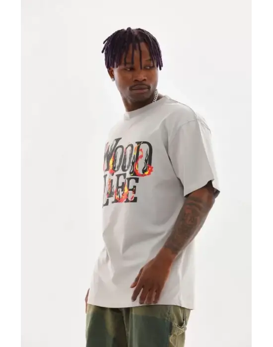 Unisex Baskılı Oversize T-Shirt - Gri