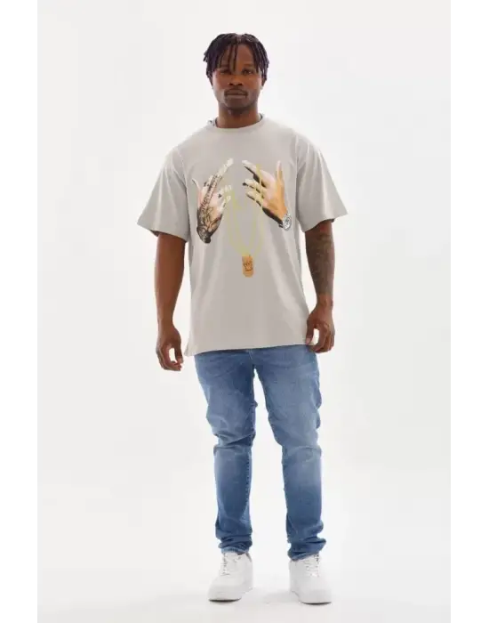 Unisex Baskılı Oversize T-Shirt - Gri