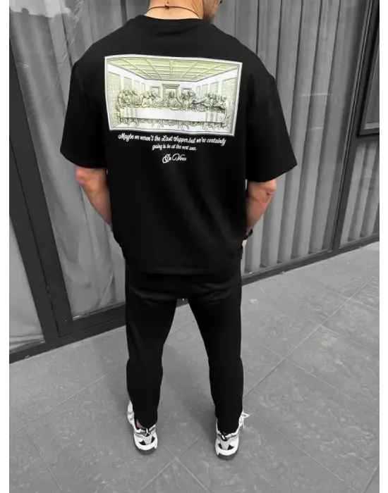 Unisex Baskılı Oversize T-Shirt - Siyah