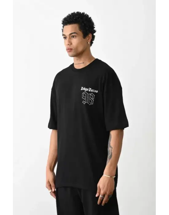 Unisex Baskılı Oversize T-Shirt - Siyah