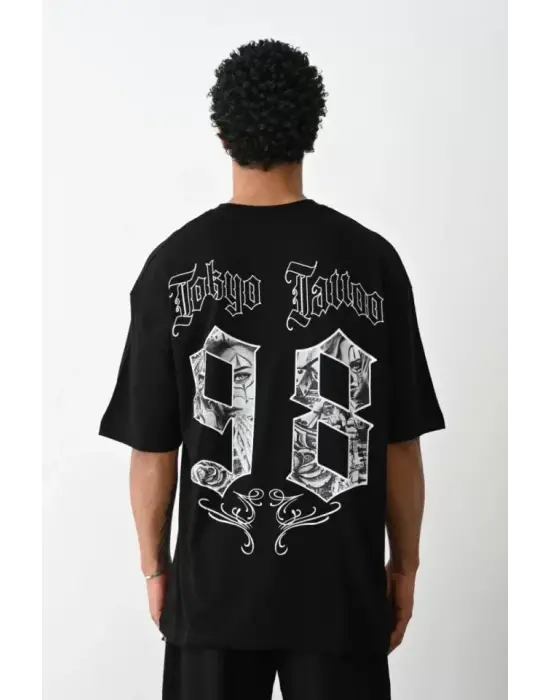 Unisex Baskılı Oversize T-Shirt - Siyah