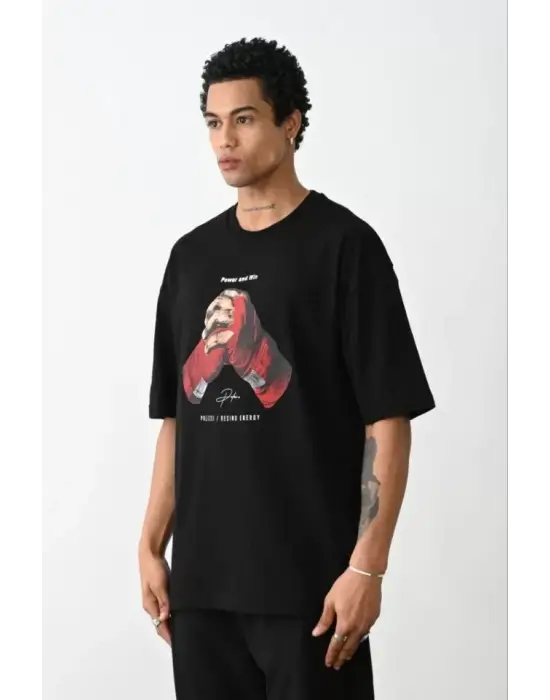 Unisex Baskılı Oversize T-Shirt - Siyah