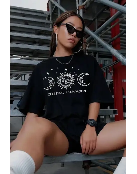 Unisex Baskılı Oversize T-Shirt - Siyah