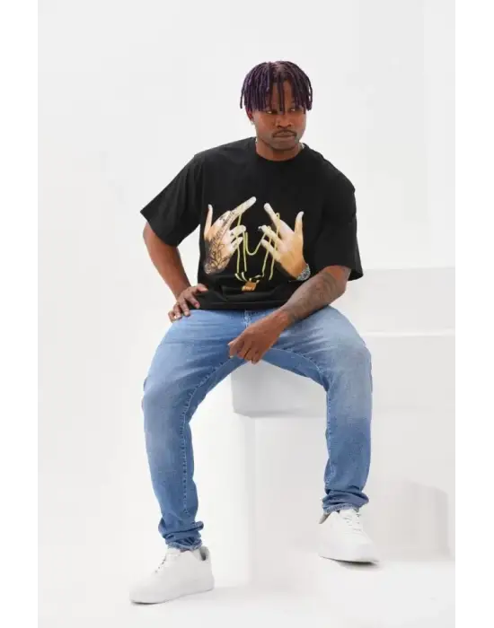 Unisex Baskılı Oversize T-Shirt - Siyah