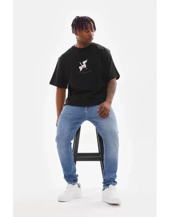 Unisex Baskılı Oversize T-Shirt - Siyah