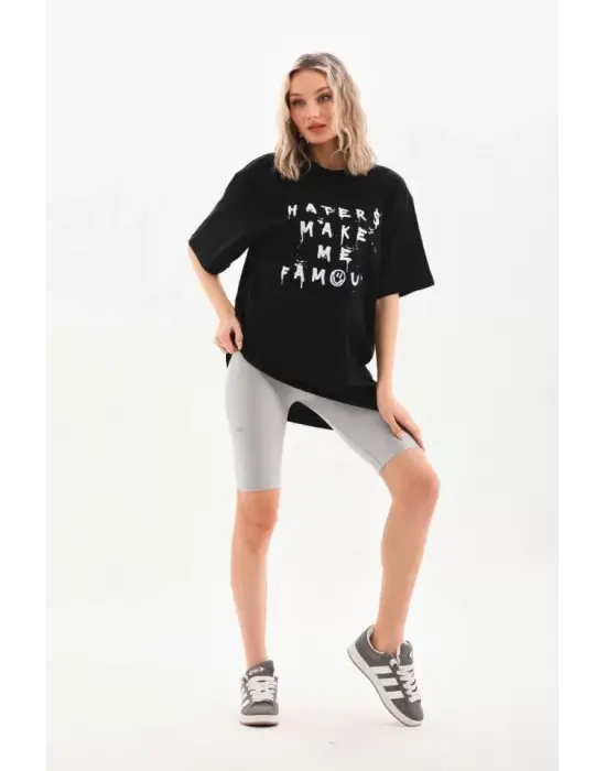 Unisex Baskılı Oversize T-Shirt - Siyah