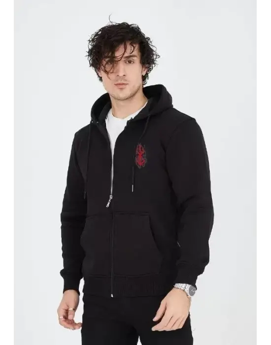 Unisex Baskılı Tam Fermuarlı Kapşonlu SweatShirt - Siyah