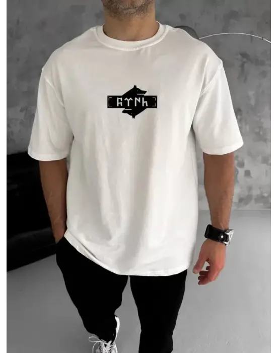 Unisex Bisiklet Yaka Baskılı Double Oversize T-Shirt - Beyaz