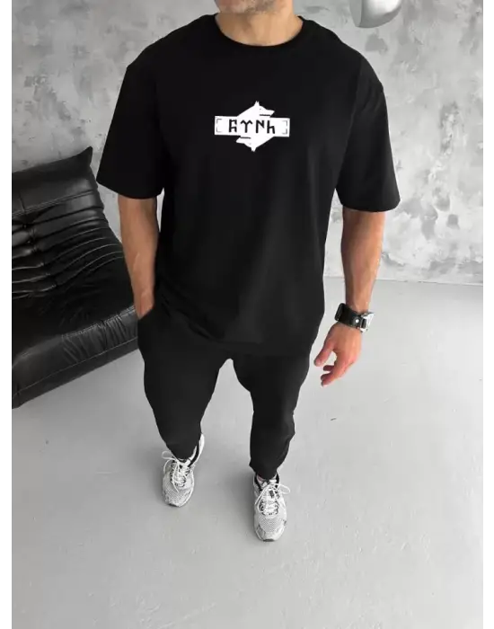 Unisex Bisiklet Yaka Baskılı Double Oversize T-Shirt - Siyah