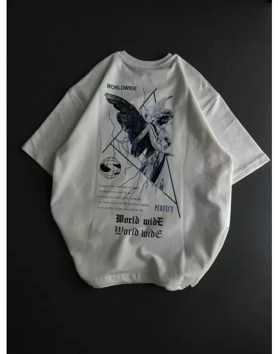 Unisex Bisiklet Yaka Baskılı Oversize T-Shirt - Beyaz