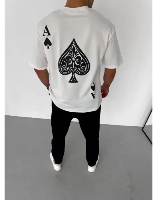 Unisex Bisiklet Yaka Baskılı Oversize T-Shirt - Beyaz