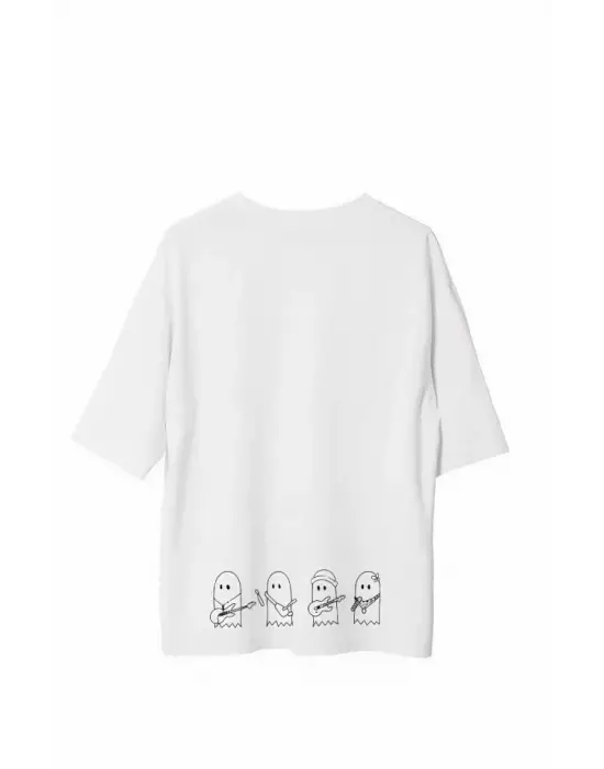 Unisex Bisiklet Yaka Baskılı Oversize T-Shirt - Beyaz