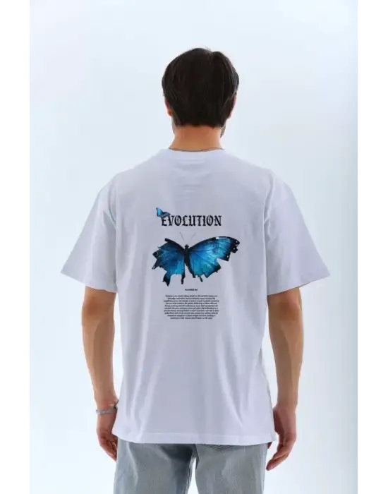 Unisex Bisiklet Yaka Baskılı Oversize T-Shirt - Beyaz