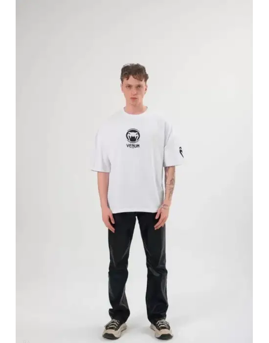 Unisex Bisiklet Yaka Baskılı Oversize T-Shirt - Beyaz