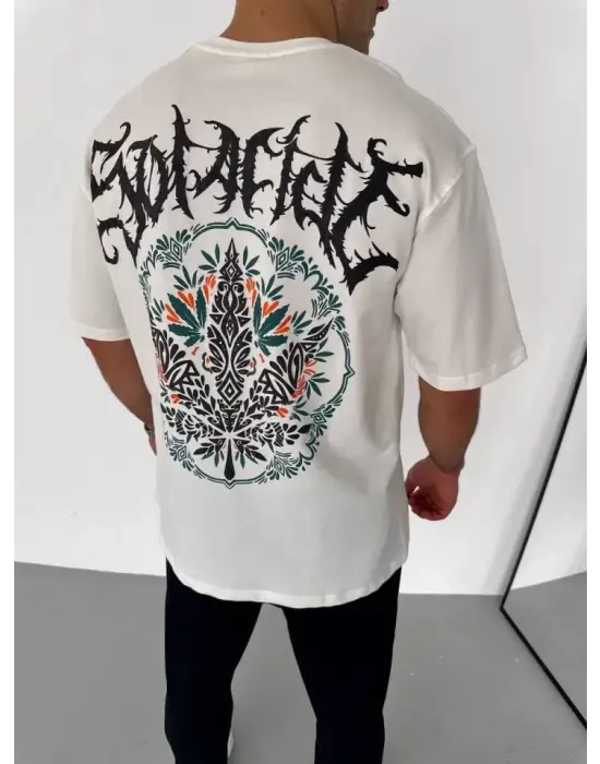 Unisex Bisiklet Yaka Baskılı Oversize T-Shirt - Beyaz