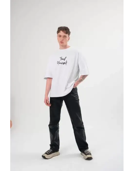 Unisex Bisiklet Yaka Baskılı Oversize T-Shirt - Beyaz