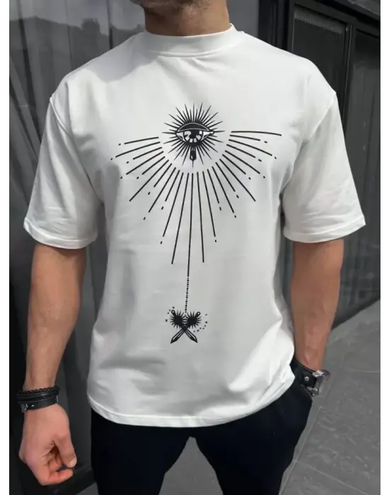 Unisex Bisiklet Yaka Baskılı Oversize T-Shirt - Beyaz