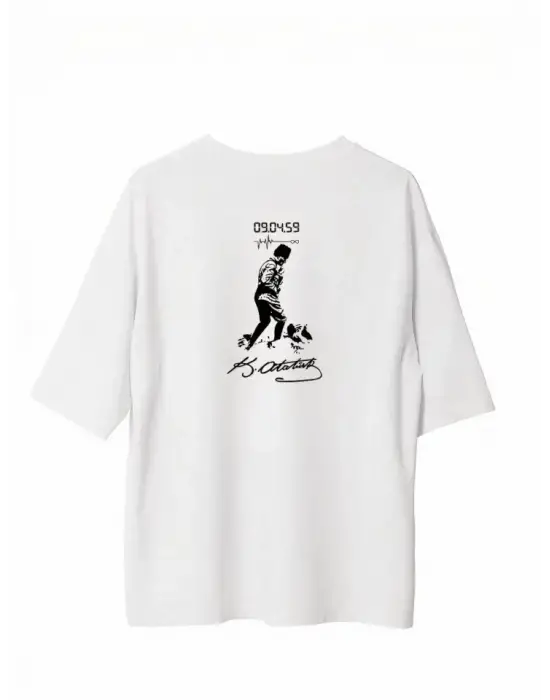 Unisex Bisiklet Yaka Baskılı Oversize T-Shirt - Beyaz