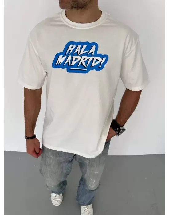 Unisex Bisiklet Yaka Baskılı Oversize T-Shirt - Beyaz