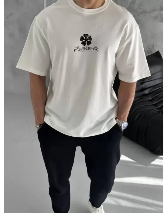 Unisex Bisiklet Yaka Baskılı Oversize T-Shirt - Beyaz