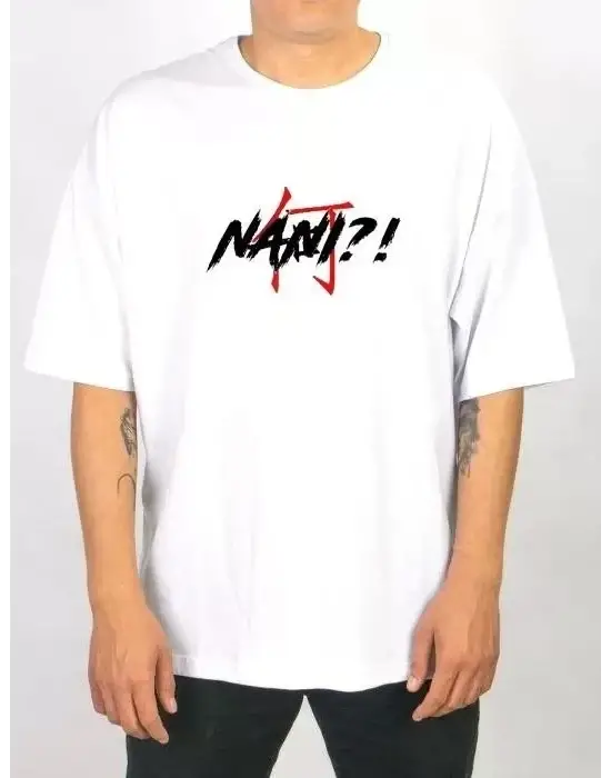 Unisex Bisiklet Yaka Baskılı Oversize T-Shirt - Beyaz