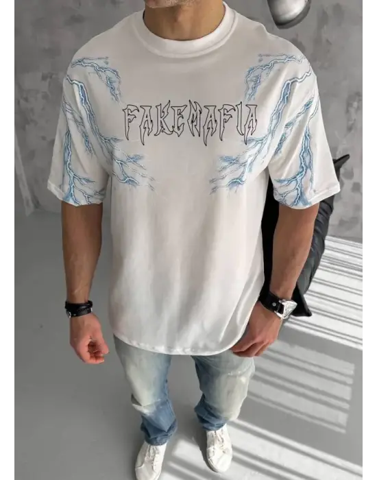 Unisex Bisiklet Yaka Baskılı Oversize T-Shirt - Beyaz