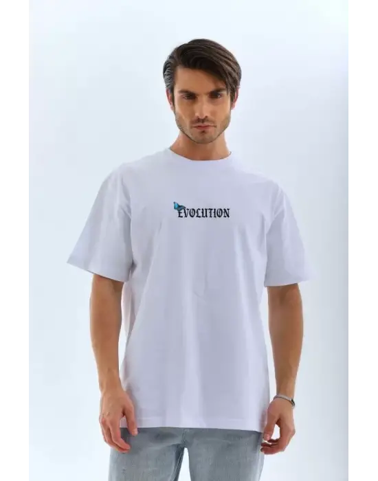 Unisex Bisiklet Yaka Baskılı Oversize T-Shirt - Beyaz